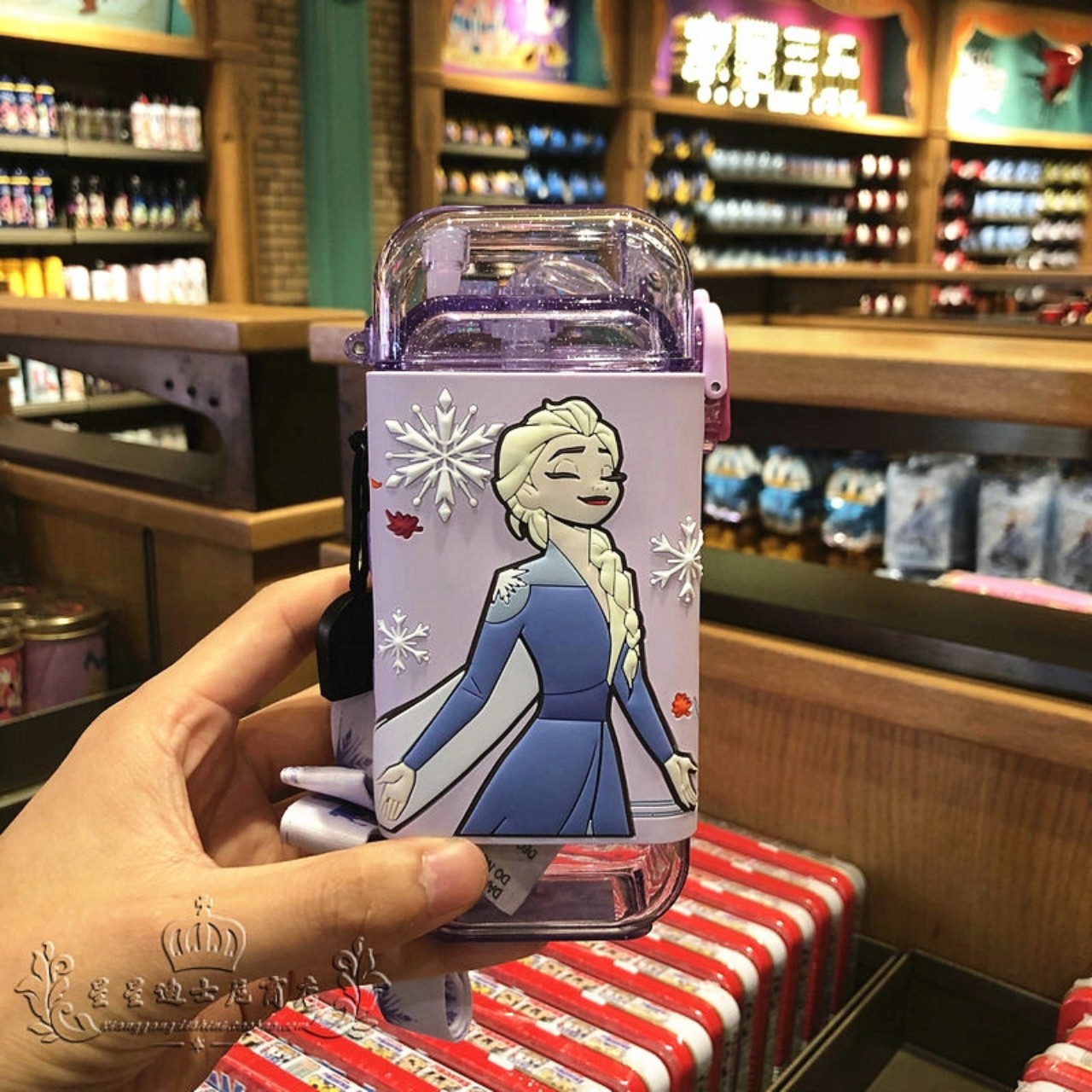 Bình nước ống hút nhựa tritan dáng chữ nhật Disney 3D Frozen tím 280ml cho trẻ em 4443