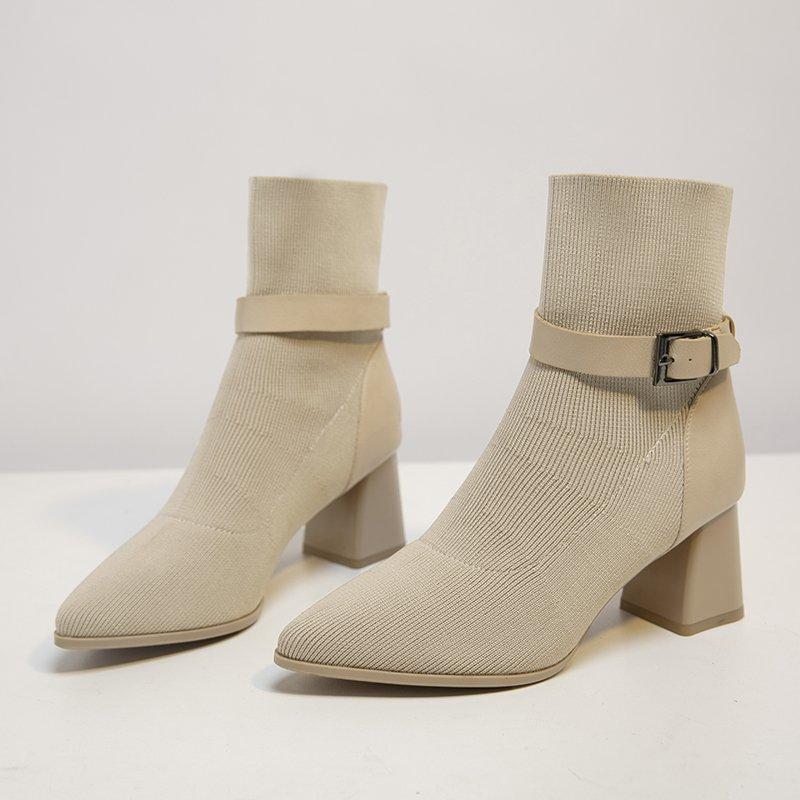 Mùa Thu Mới Gót Vuông Co Giãn Stovepipe Tất Giày Anh Chỉ Giày Cao Gót Cổ Chân Nữ Đế Gót Giày Bốt Nữ