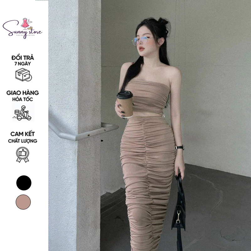 Set Áo Óng Croptop Chân Váy Midi Dài, Set Bộ Óng Nhún Trang Phục Dự Tiệc (SN225)