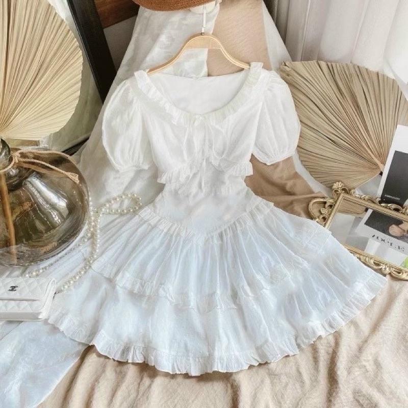 ĐẦM DÁNG XÒE Đầm trắng tầng viền bèo