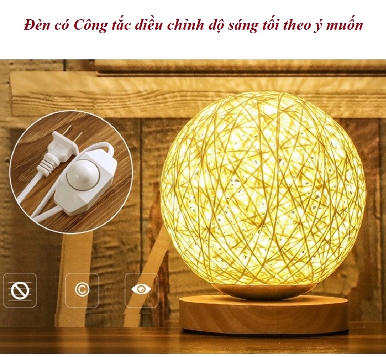 Đèn Ngủ để bàn Cầu Mây Đế Gỗ Tròn - Tặng Bộ 5 Khẩu Trang Y Tế Thái Dương TD09