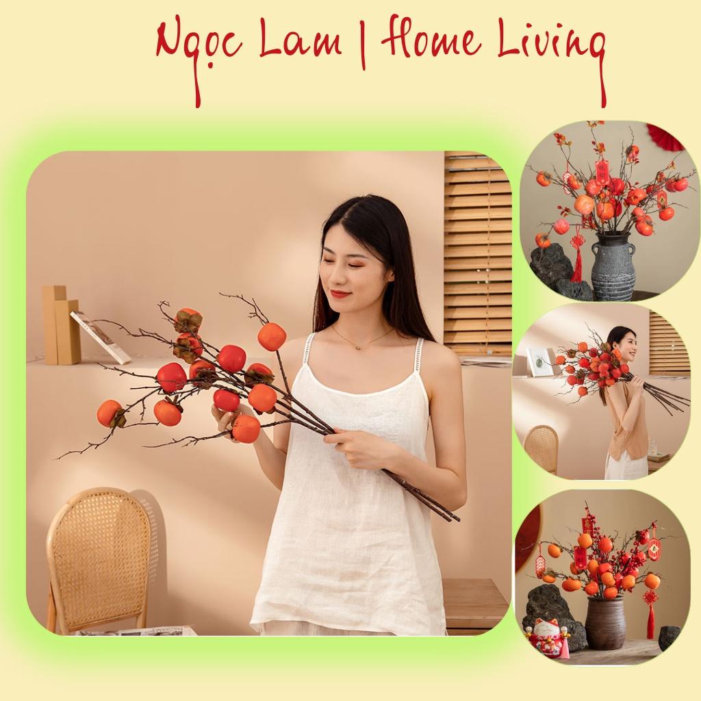 Cành quả hồng đỏ 7 quả giả dùng trang trí studio, spa, đại sảnh khách sạn, nhà hàng, phòng khách, phòng ngủ gia đình