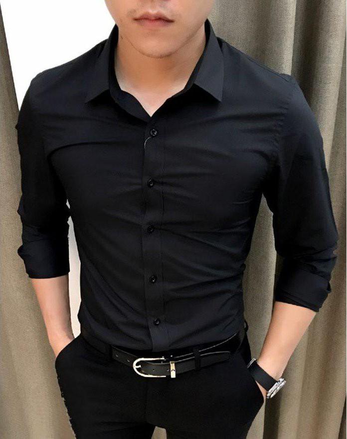 Áo sơ mi nam Trắng Cúc Đen không nhăn, Sơ mi nam trơn dáng ôm Body Hàn quốc - Xanh Dương size L