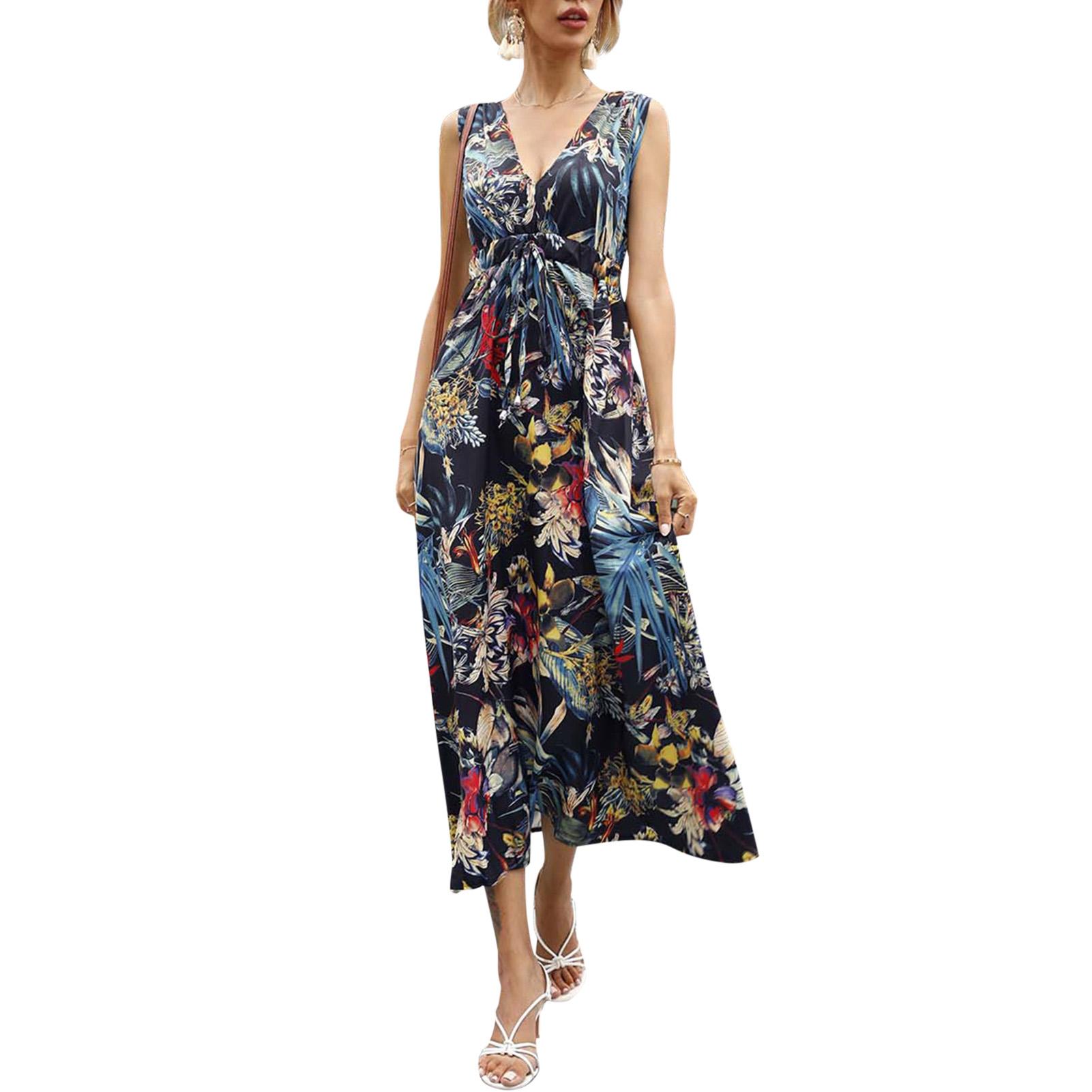 Women Dress Backless Floral Print Tie Waist Empire Dress V Neck Sleeveless Summer Long Maxi Dress
