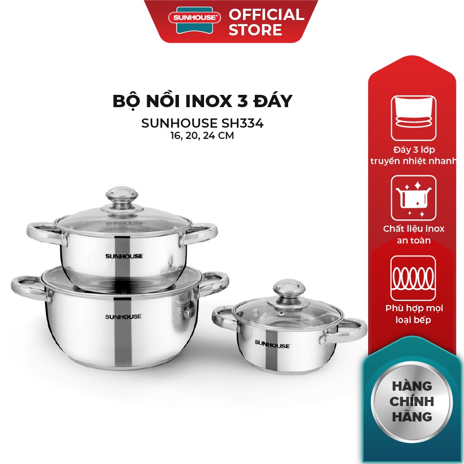 Bộ Nồi Inox 3 Đáy SUNHOUSE SH334 16, 20, 24 cm