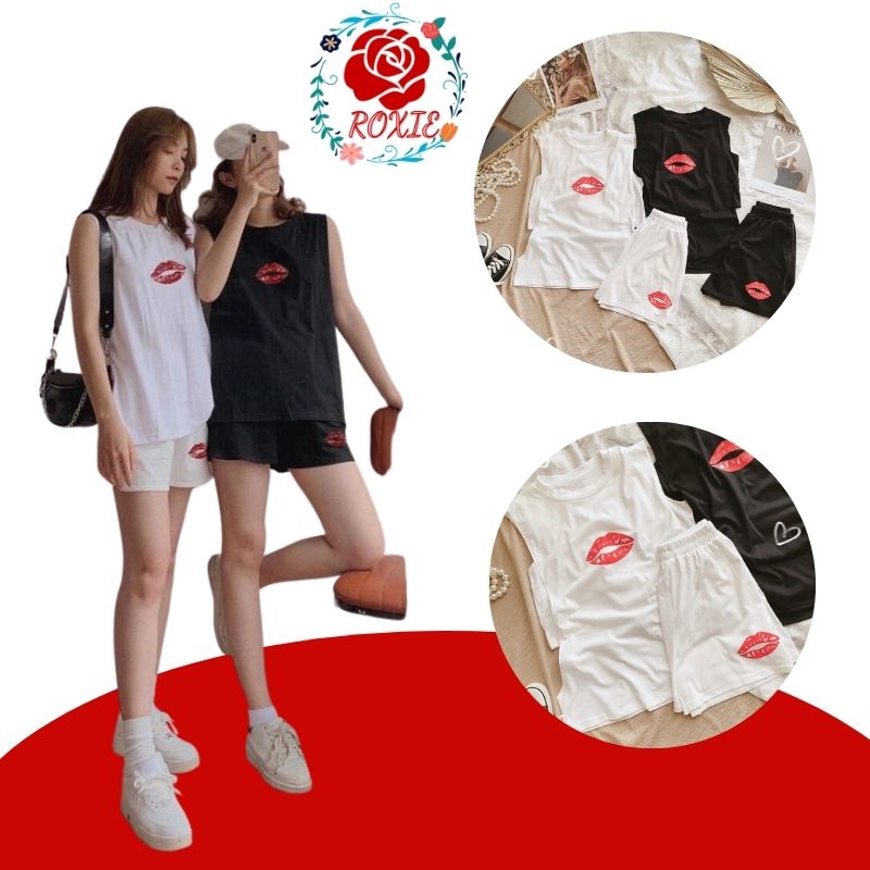 Bộ TankTop Nữ In Hình Đôi Môi ,Áo 3 Lỗ Quần Đùi Nữ Dáng Rộng 2 Màu X080