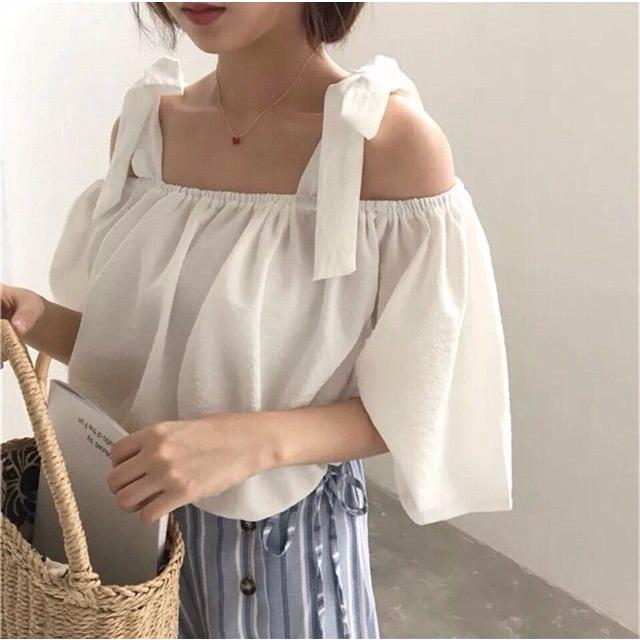 Áo kiểu trễ vai nhún cột dây nơ vai ulzzang dễ thương xinh xắn