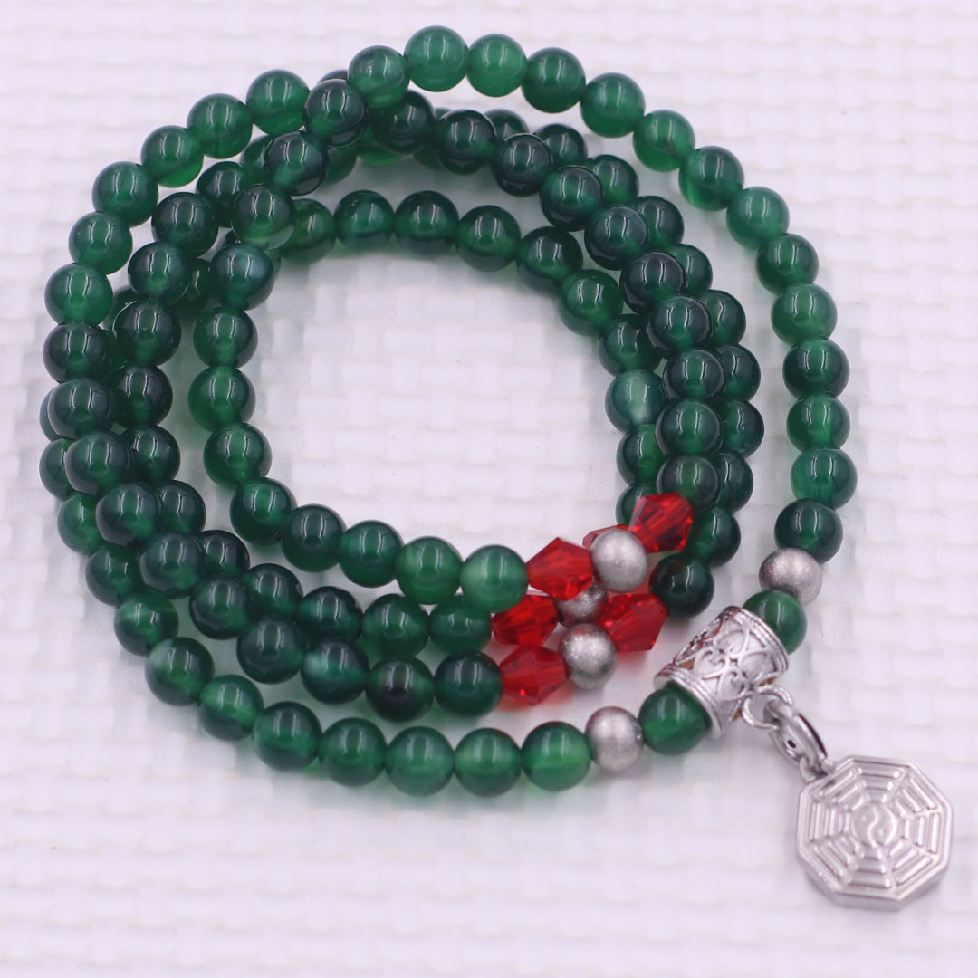 Vòng chuỗi 108 hạt đá thạch anh xanh lá 6 ly charm bát quái inox - vòng chuỗi niệm Phật, vòng tay chuỗi hạt