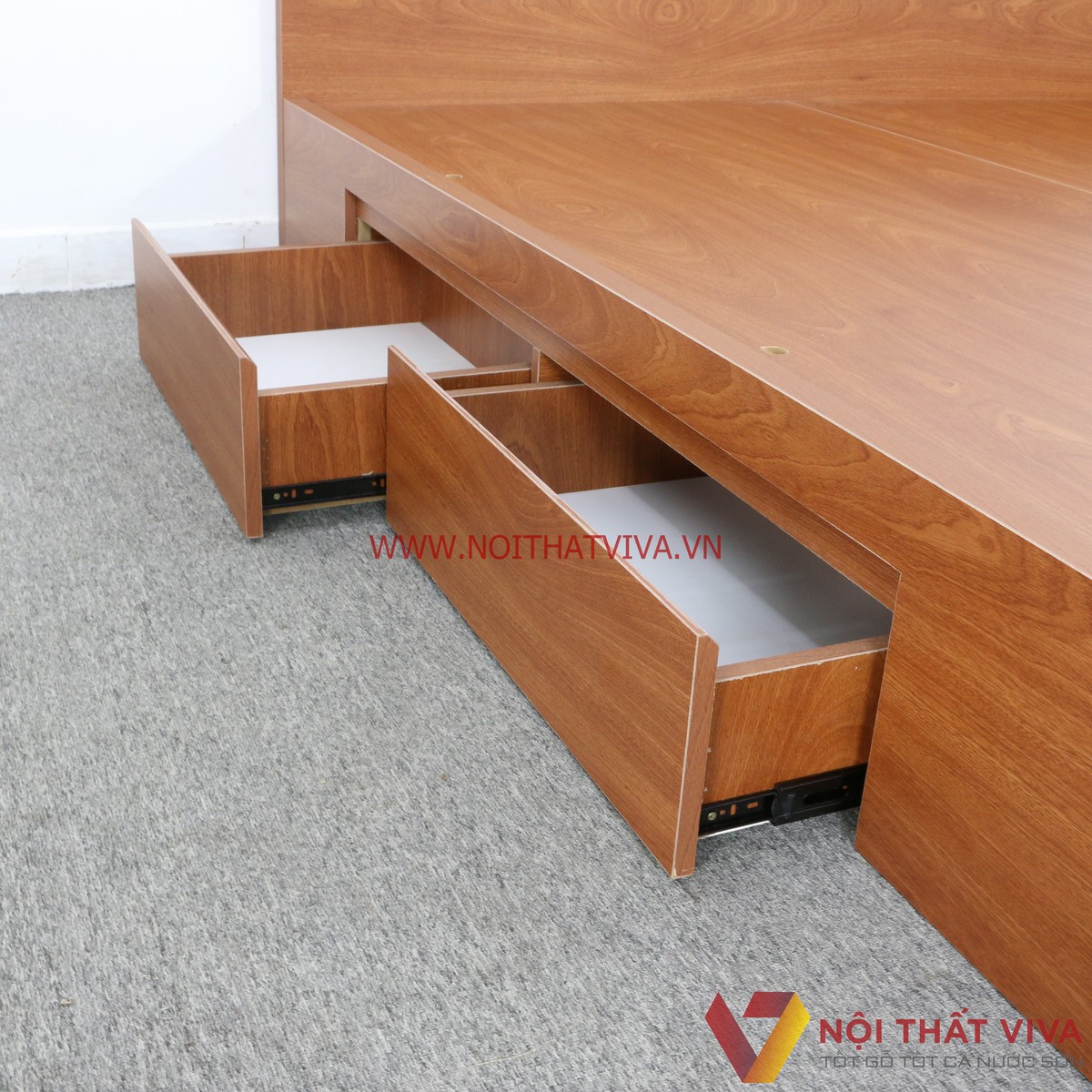 Giường Ngủ Gỗ MDF Melamine Ngăn Kéo Màu Xoan Đào