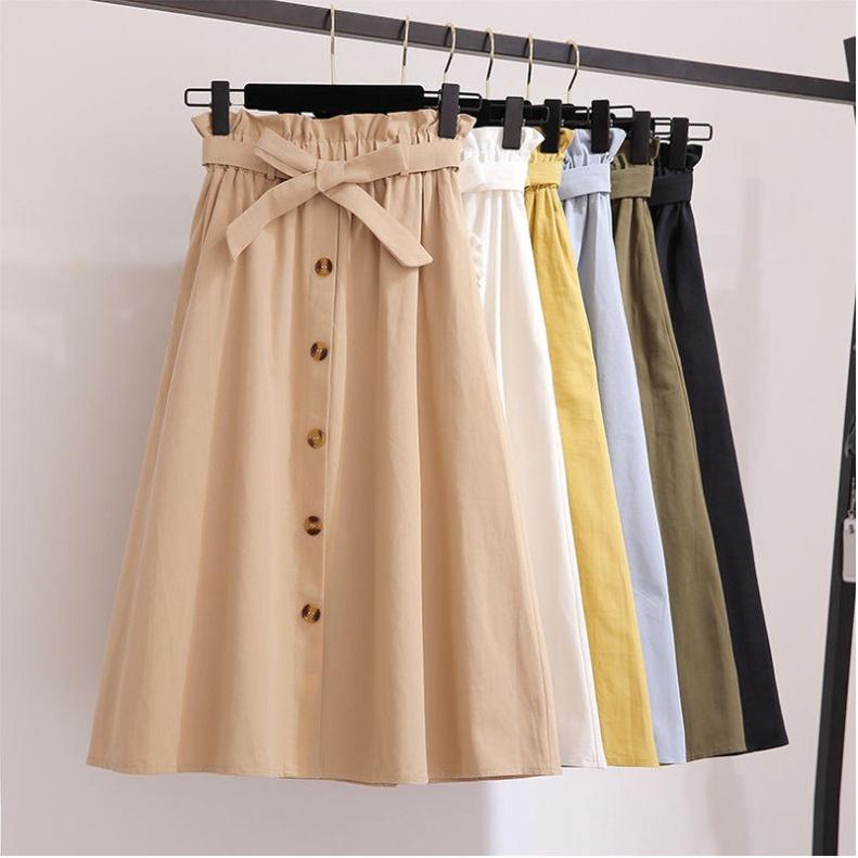 Chân Váy Midi Nữ Kaki Nơ Eo Viền Bèo Hàng Cúc Giữa Dáng Dài