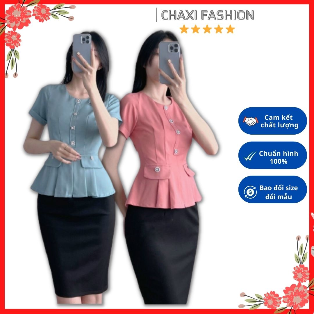 Áo kiểu peplum công sở xếp ly eo phối túi giả siêu xinh - A56160 - hàng thiết kế cao cấp