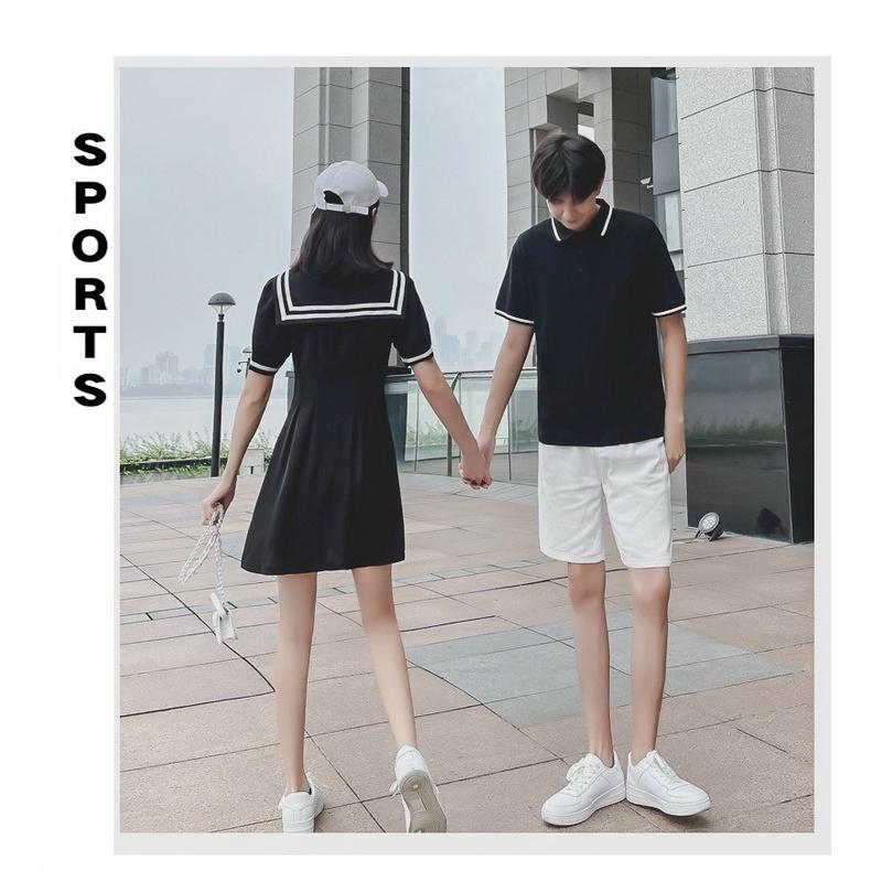 Váy áo đôi thủy thủ nam nữ, Set váy thun đôi polo cao cấp
