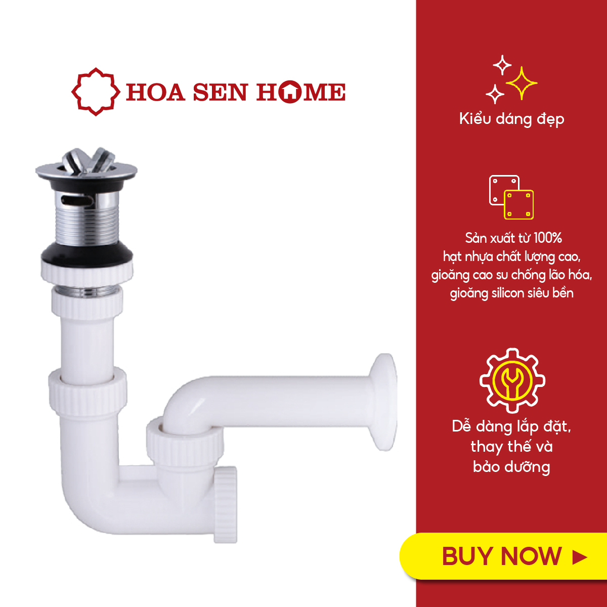 Bộ họng xả lavabo Hùng Anh LV01 chất liệu nhựa ABS, PP, kích thước 25 x 13.5 x 7 cm, trọng lượng 0,4kg - Hoa Sen Home - Hàng chính hãng
