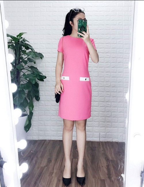 Đầm công sở 2 túi trước phối màu đơn giản - DCS226 - hồng - 3XL