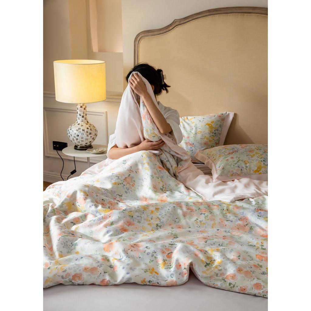 Bộ chăn ga gối cao cấp 100%Tencel 60s, họa tiết Hoa Lá màu sắc tươi sáng và sang trọng, chất liệu mềm mịn mát