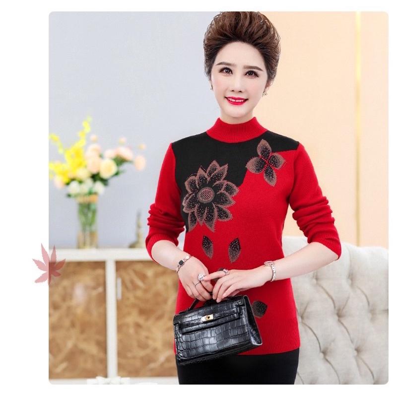 Áo len trung niên cổ cao phối họa tiết hoa sen_áo ấm thu đông cho bà cho mẹ