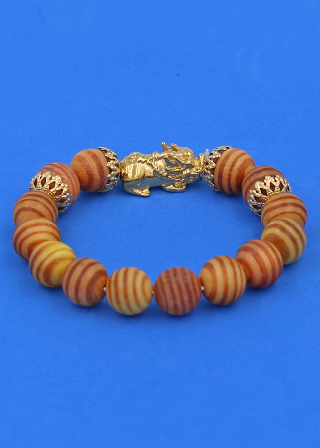 Vòng tay chuỗi hạt Gỗ Huyết Rồng 12 ly - cẩn Tỳ Hưu Phong Thủy inox vàng VGHRTHBKV12