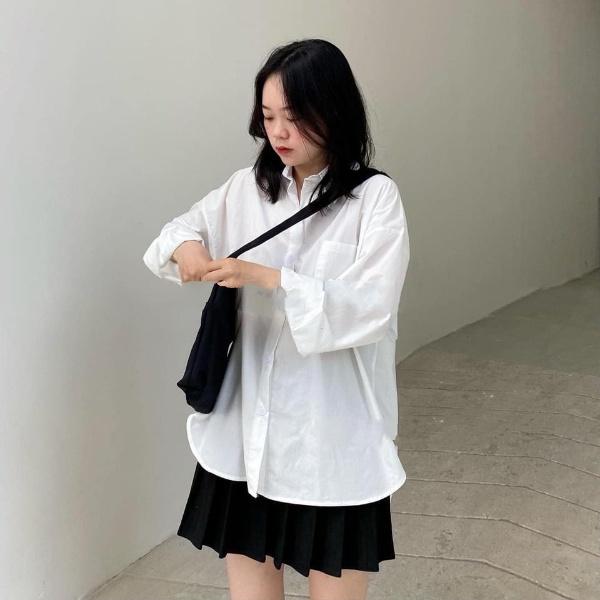 Áo sơ mi nữ form rộng, áo sơ mi trắng tay dài, vạt bầu, dáng suông, phong cách Hàn Quốc, thích hợp đi học và công sở