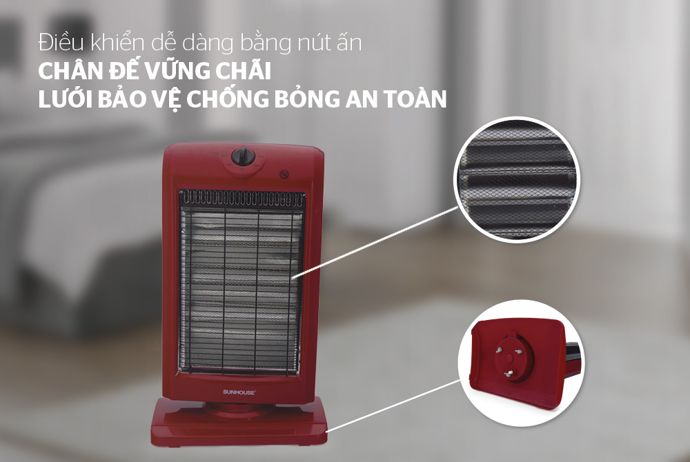 Sưởi Điện 3 Bóng Halogen Sunhouse Shd7016 (1000W) - Đỏ Đen - Hàng Chính Hãng