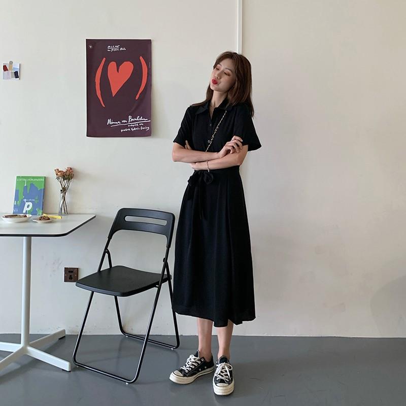 Đầm Dài Sơ mi Ngắn tay Màu trơn Form rộng Dáng chữ A Ulzzan Hàn Quốc Váy Dài Midi Kiểu Pháp Mùa Hè