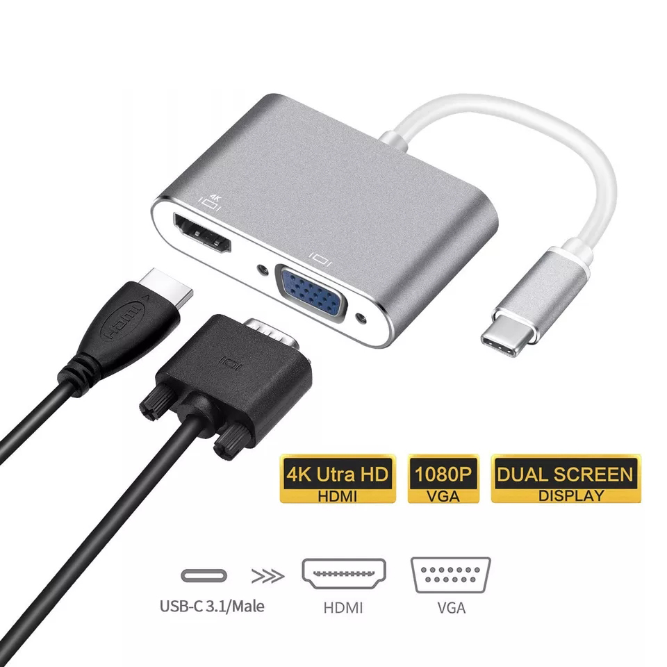 Hub usb Type C ra HDMI và VGA cho laptop, điện thoại, máy tính bảng Táo và các dòng Mac M1, M2