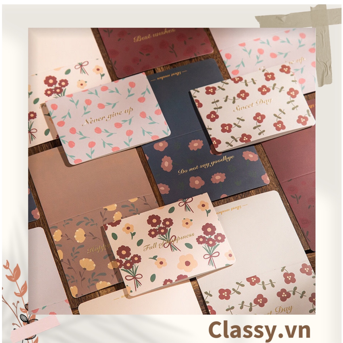 Thiệp Cổ điển Vintage in họa tiết hoa nhí giấy art sang trọng kèm phong bì giấy kraft nâu Q724