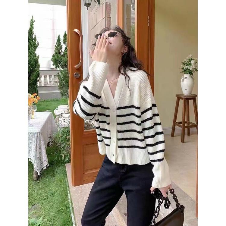 Áo cadigan len nữ dày sọc kẻ nhỏ, Cadigan viền phong cách Ulzzang Hàn Quốc