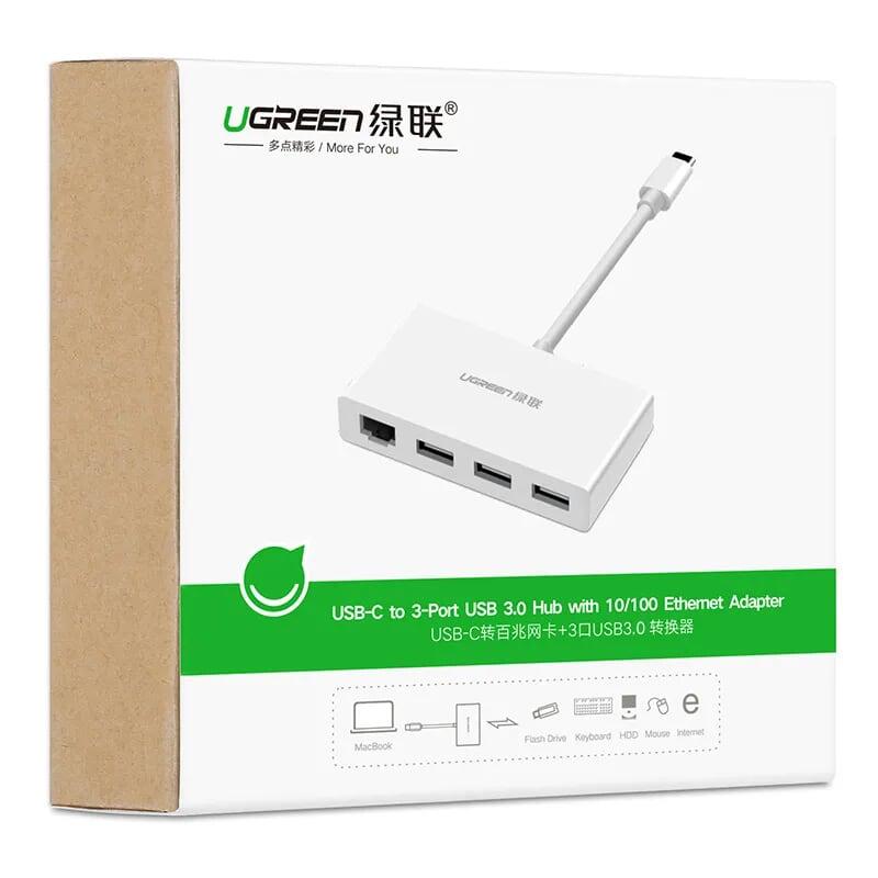 Ugreen UG40382US237TK 15CM màu Trắng Bộ chuyển đổi TYPE C sang 3 USB 3.0 + LAN bọc nhựa ABS - HÀNG CHÍNH HÃNG