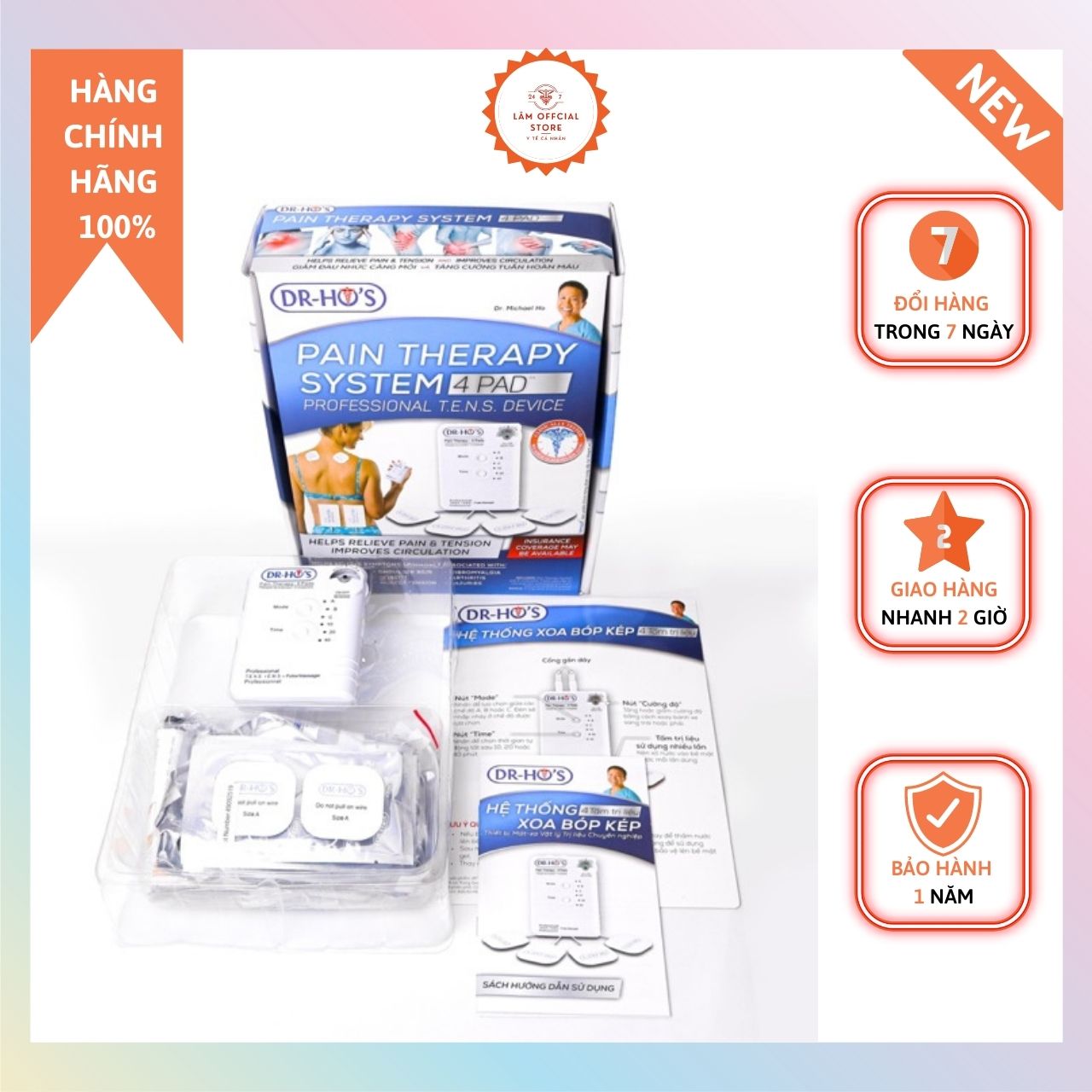MÁY MASAGE TRỊ LIỆU XUNG ĐIỆN DR HO'S- 4MIẾNG DÁN- MÀU XANH