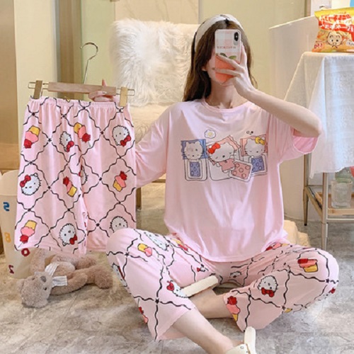 Bộ đồ bận nhà hoạt hình thun cotton mát siêu đáng yêu gồm 1 áo 1 quần ngắn 1 quần dài BK10