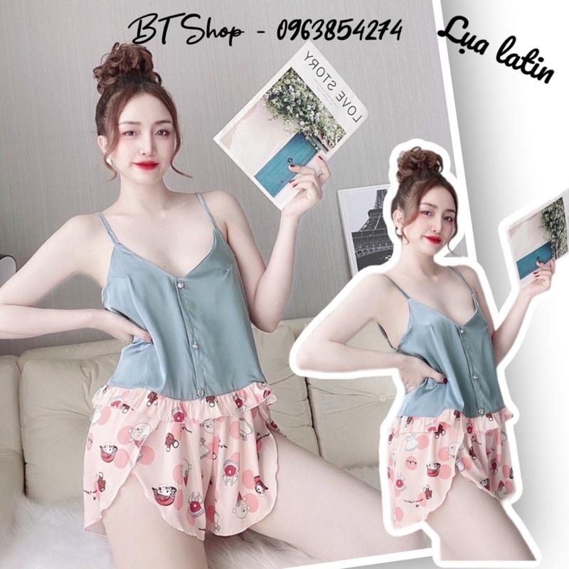 Đồ ngủ mặc nhà lụa latin hoạ tiết quần đùi freesize 42-57kg
