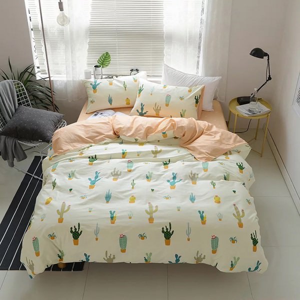 Bộ Chăn Ga Cao Cấp 4 Món Họa Tiết Hoa Xương Rồng - Cam Nhạt