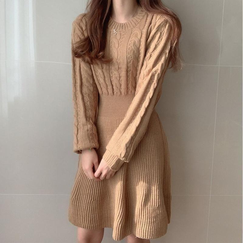 Đầm Sweater Dệt Kim Tay Dài Cổ Tròn Màu Trơn Phong Cách Thời Trang Thu Đông Kiểu Mới