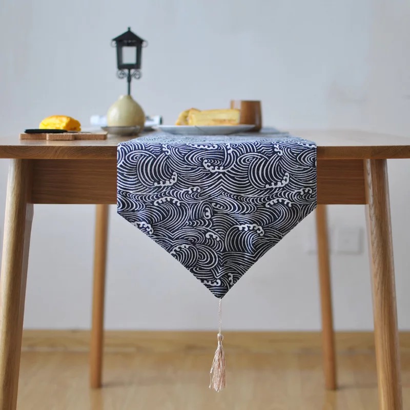 Khăn trải bàn table runner vải bố - Họa tiết sóng xoắn - mẫu G06