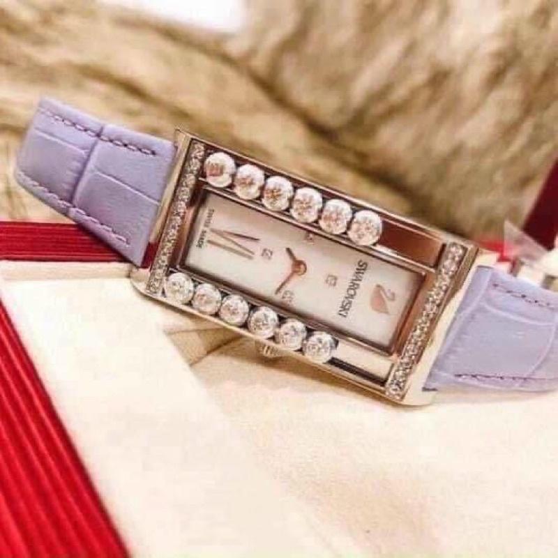 Đồng Hồ Nữ Swarovski dây da mặt chữ nhật case 21mm