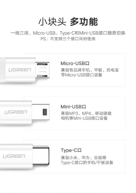 Ugreen UG40768US185TK 1.5m màu Bạc Cáp dữ liệu USB 3trong1 micro + lightning + mini USB - truyền dữ liệu từ máy tính ra điện thoại - HÀNG CHÍNH HÃNG