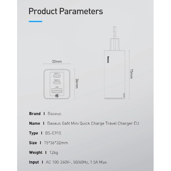 Củ Sạc Nhanh 65W E915 Tặng Kèm Cáp 100W, 1 Cổng USB, 2 Cổng Type-C Hỗ Trợ QC 4.0 - Hàng Chính Hãng Baseus