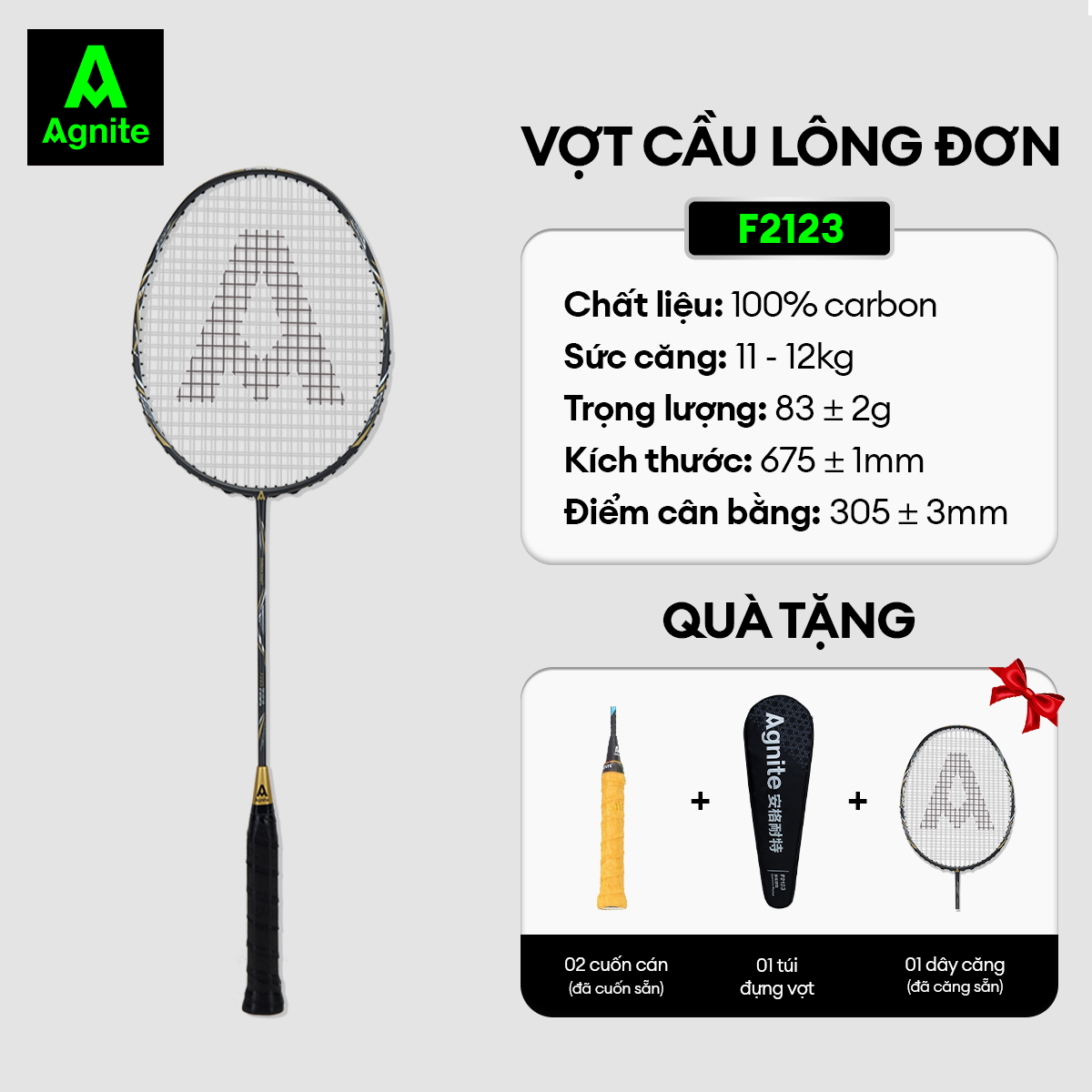 [TẶNG 3 CẦU] Vợt cầu lông đơn cao cấp chơi chuyên nghiệp Agnite, 100% CARBON, khớp nối liền siêu bền nhẹ tặng kèm túi đựng vợt