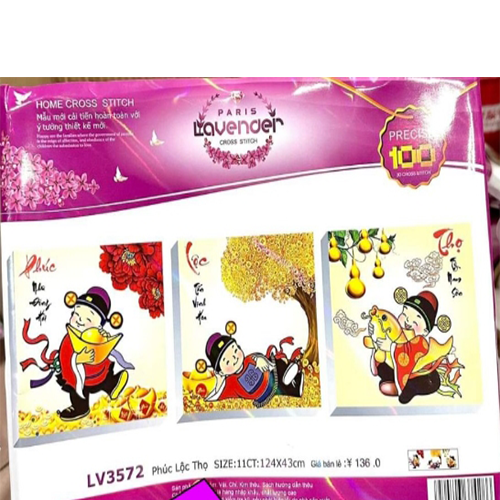 Tranh thêu chữ thập tiểu thần tài phúc lộc thọ LV3572 - kích thước 124 * 43