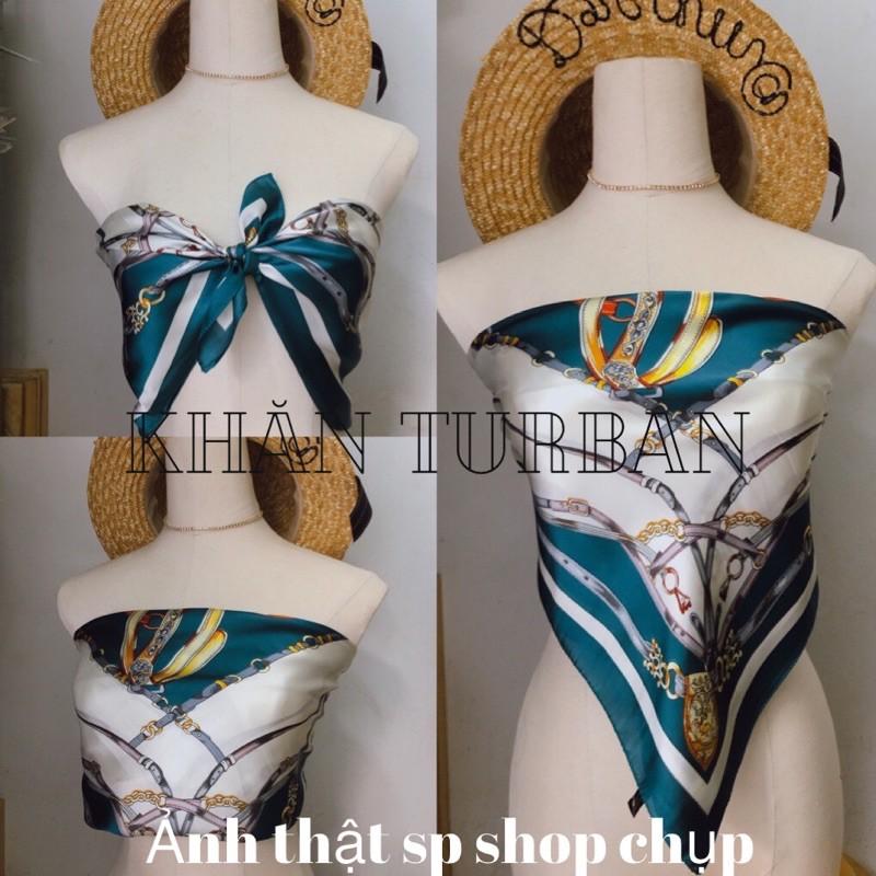 Khăn turban lụa vuông cao cấp choàng cổ size 70x70cm thanh lịch đa năng dùng làm áo yếm in hoa văn