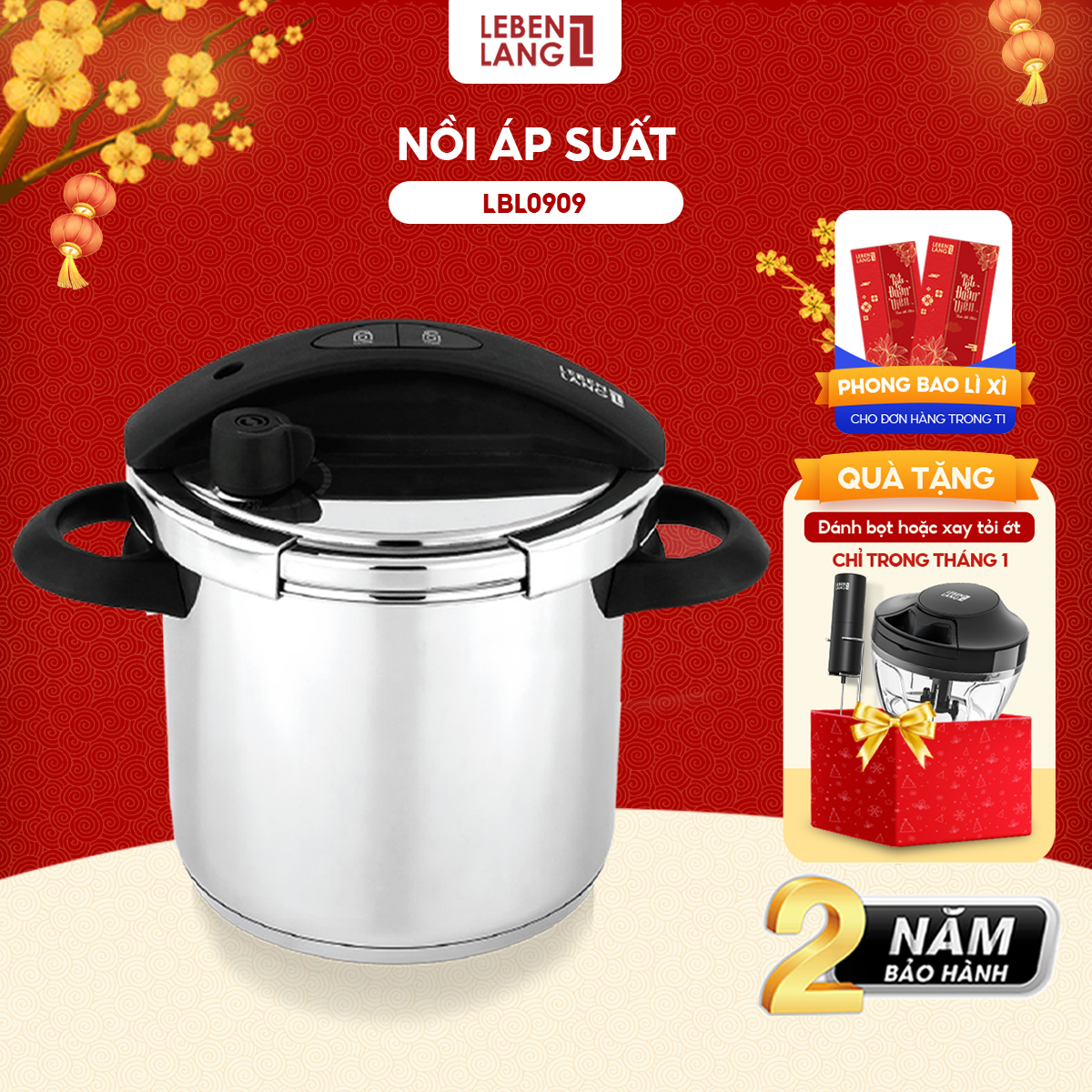 Nồi áp suất LEBENLANG LBL0909, nấu được mọi loại bếp, dung tích 5,5 lít, chất liệu inox cao cấp – hàng chính hãng