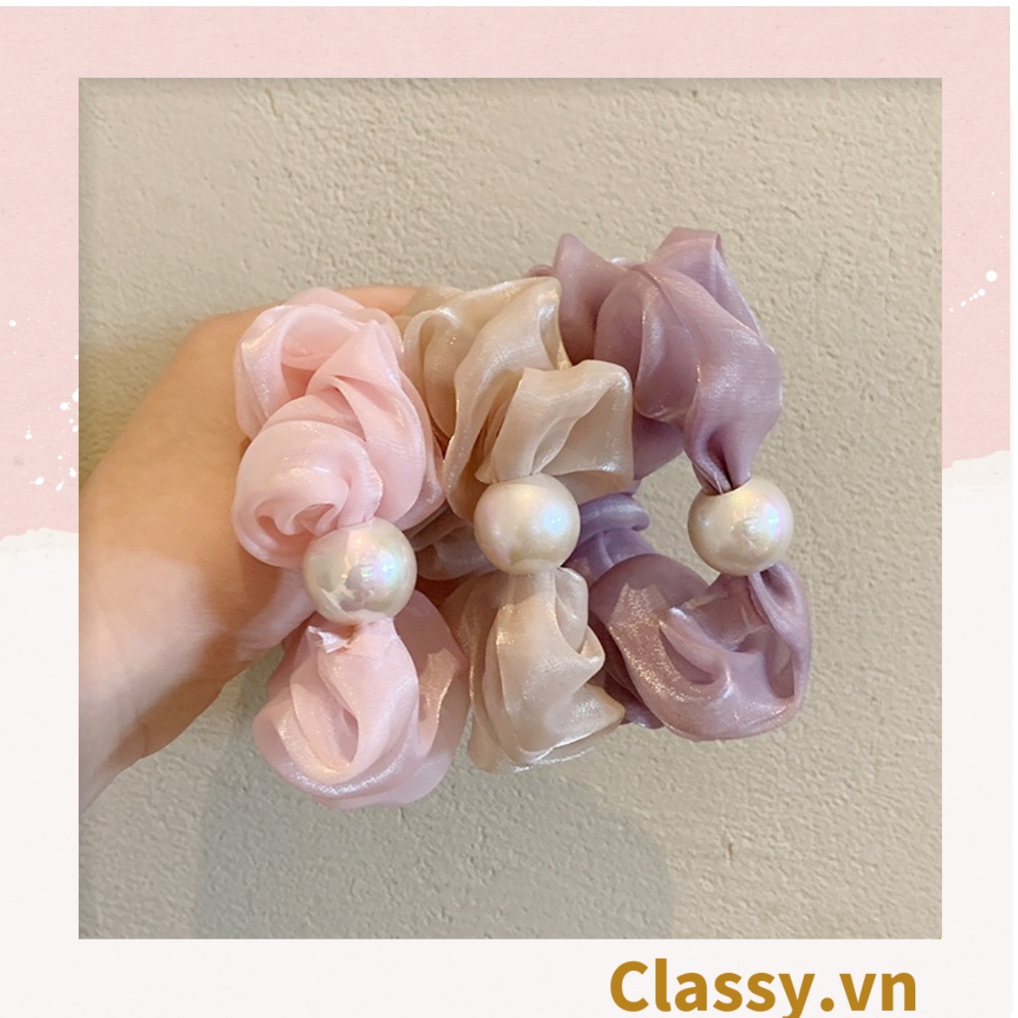 PK772 Scrunchies buộc tóc nhiều trơn màu, đính hạt; tông màu hoàng gia sang chảnh