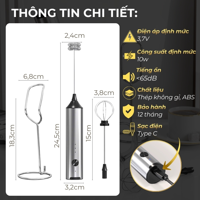 Máy đánh bọt cafe cầm tay DandiHome có giá treo, sạc điện, 10w, hàng chính hãng bảo hành 12 tháng