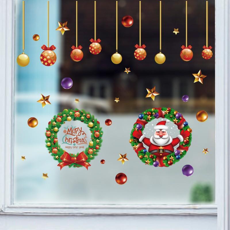 Decal dán tường , dán kính vòng nguyệt quế Noel + dây thả ấn tượng nhũ vàng