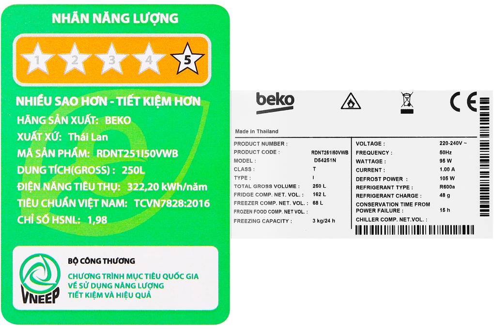 Tủ lạnh Beko Inverter 230 lít RDNT251I50VWB - Hàng chính hãng - Giao hàng toàn quốc