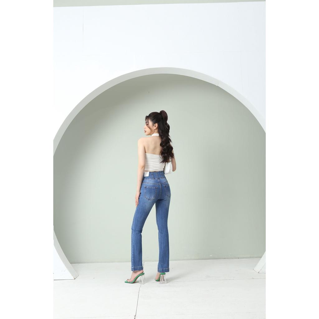 Quần Jean Nữ Ống Loe Lưng Cao 3 Cúc Co Giãn Trơn Dáng Dài Gấu Bản To CT Jeans