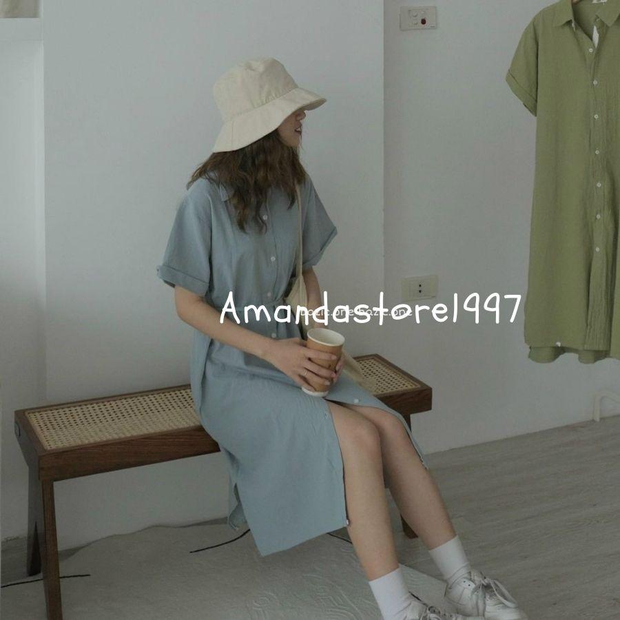 {Amanda} Váy sơ mi cộc tay from rộng vạt lệch hàn quốc, dây thắt nơ eo