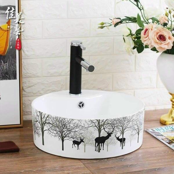 Chậu lavabo đặt bàn tròn hoa văn hươu