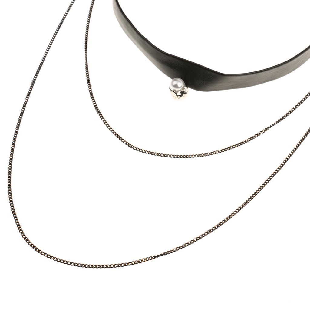 Simple Multilayer Chain Pearl Pendant PU Leather Choker Short Necklace Black