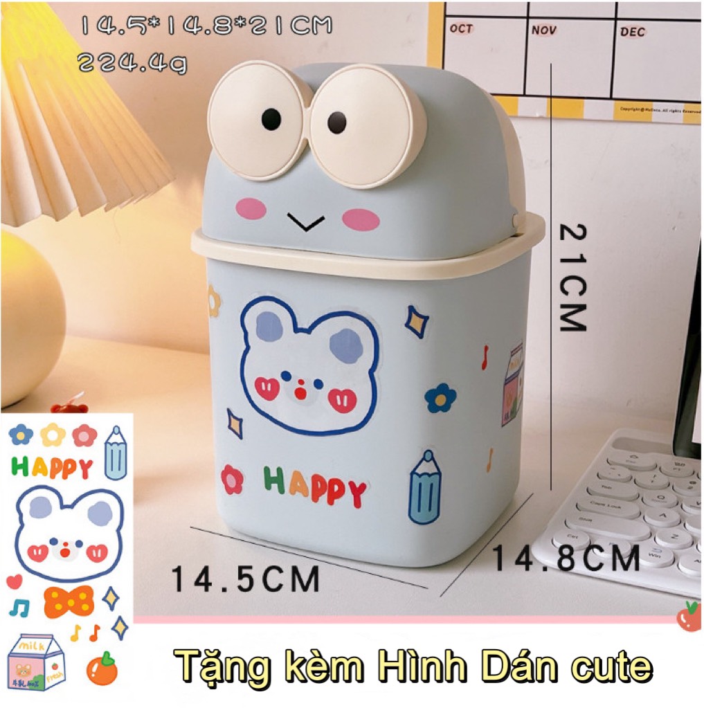 Thùng rác Ếch cute có nắp để bàn cỡ lớn TẶNG STICKER, giỏ nhựa đựng bút đồ dùng học sinh đa năng giá rẻ